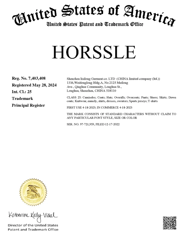 7403408 US Trademark Certificate Class 25 HORSSLE